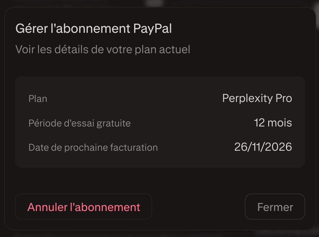 Je fais partie de ceux qui ont profité d'une offre temporaire de Perplexity + Paypal pour bénéficier d'un abonnement Pro à l'année. Sans cela, je serai en gratuit.