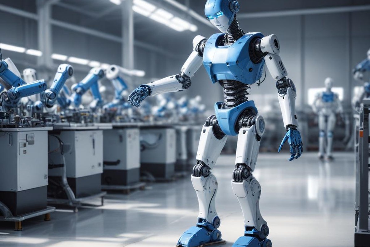 Robot humanoïde au travail sur une chaîne d'assemblage industrielle moderne
