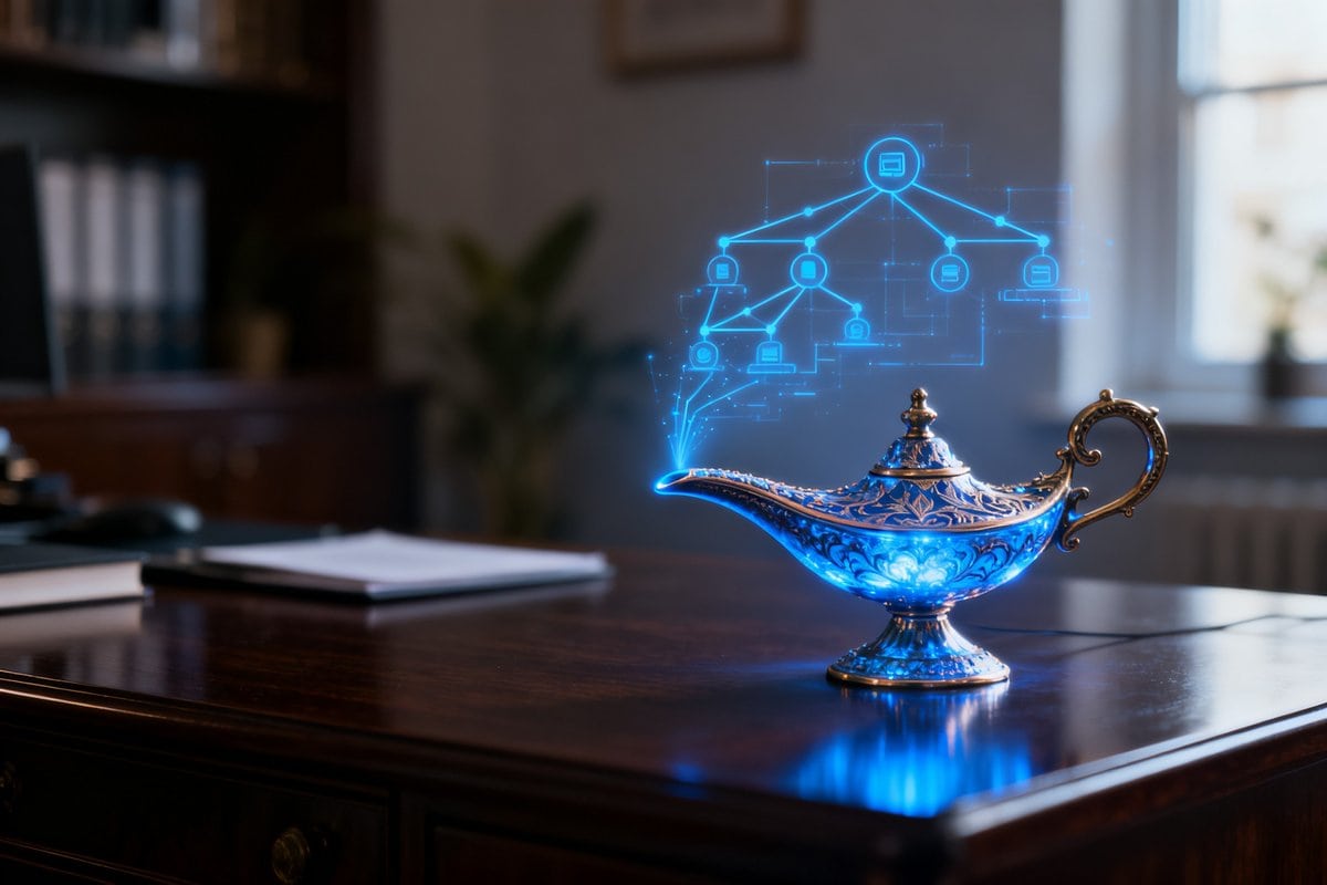 Lampe à génie lumineuse sur un bureau, surmontée d'un arbre de décision holographique bleu.