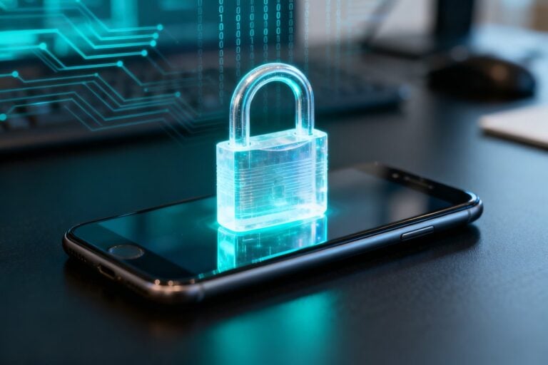Smartphone surmonté d'un cadenas lumineux holographique sur fond de code binaire.