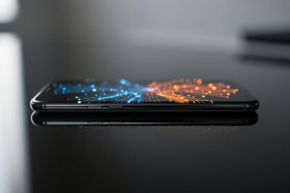 Smartphone posé sur un bureau, reflets bleus et orange évoquant la fusion de deux écosystèmes d'IA.
