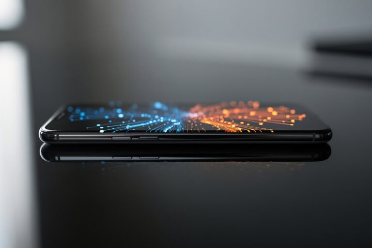 Smartphone posé sur un bureau, reflets bleus et orange évoquant la fusion de deux écosystèmes d'IA.