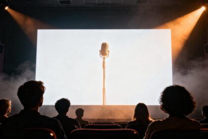 Salle de cinéma dans le noir, spectateurs face à un grand écran éclairé par des faisceaux lumineux