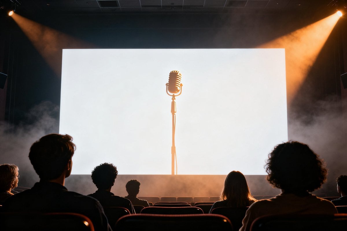 Salle de cinéma dans le noir, spectateurs face à un grand écran éclairé par des faisceaux lumineux
