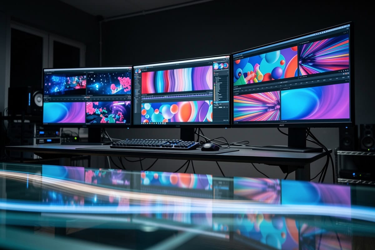 Studio de montage vidéo plongé dans la pénombre, plusieurs écrans affichent des plans et timelines lumineux.