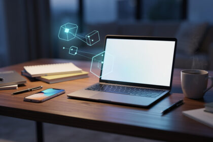 Bureau au crépuscule, smartphone et ordinateur allumés, formes lumineuses suggérant un agent IA actif au-dessus des écrans.