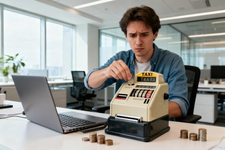 Un développeur perplexe glisse une pièce dans un parcmètre posé sur son bureau, près d'un ordinateur portable