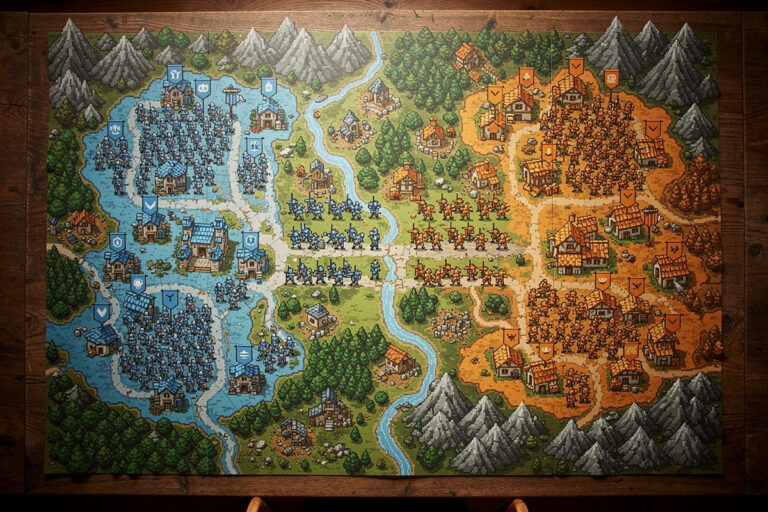Carte fantastique en pixel art divisée entre deux royaumes aux couleurs opposées, vue de dessus.