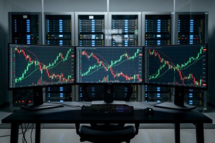 Bureau de trading désert la nuit, écrans affichant graphiques de cryptomonnaies, baies de serveurs visibles en arrière-plan.