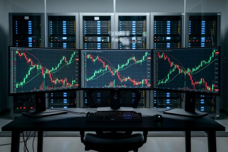 Bureau de trading désert la nuit, écrans affichant graphiques de cryptomonnaies, baies de serveurs visibles en arrière-plan.