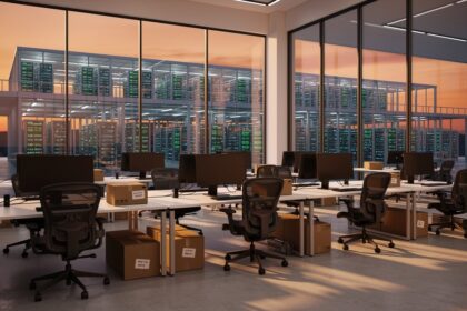 Bureaux d'entreprise tech au crépuscule, postes vides et cartons emballés, centre de données visible derrière les baies vitrées.