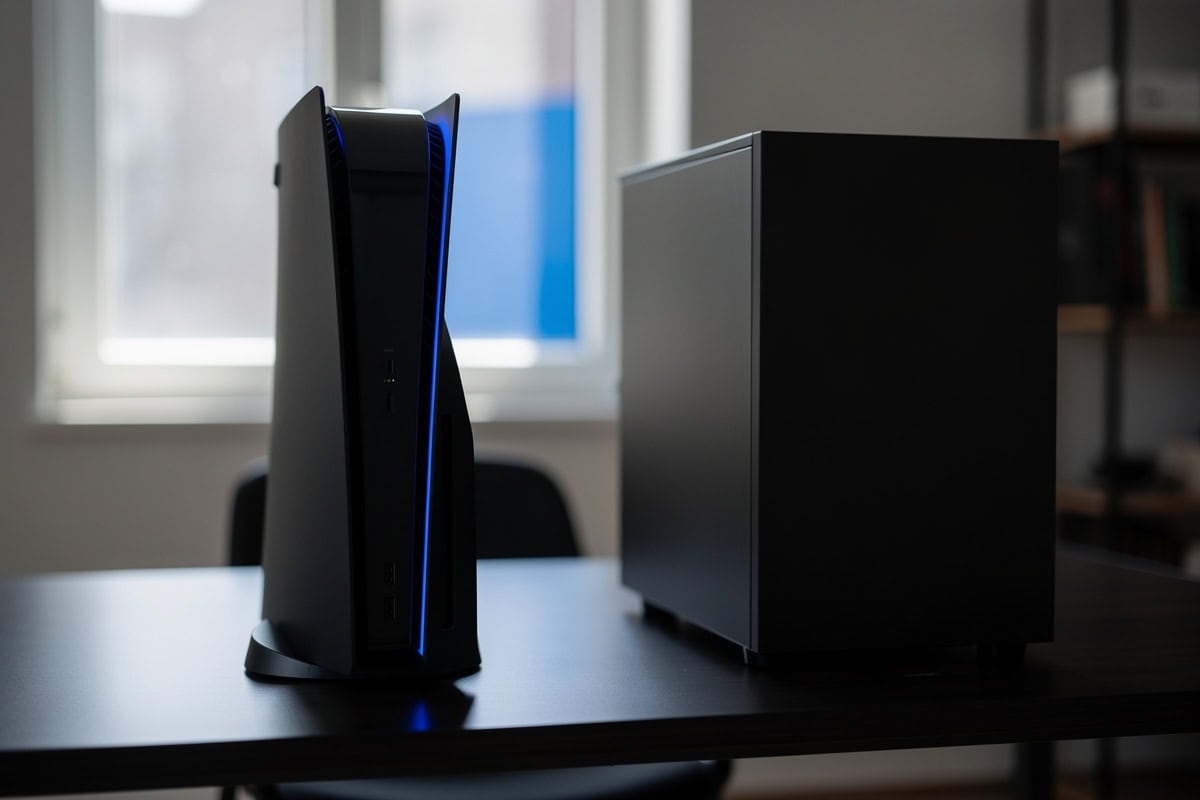 Console PlayStation 5 noire posée sur un bureau à côté d'un PC gamer éteint