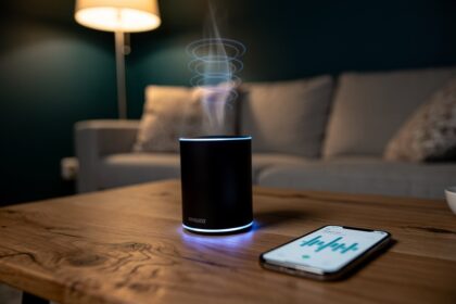 Enceinte connectée noire posée sur une table basse en bois, émettant une discrète lumière bleue dans un salon tamisé.