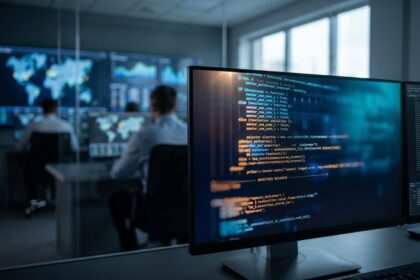 Écran d'ordinateur affichant du code dans une salle d'opérations cybersécurité en arrière-plan.