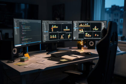 Poste de travail de développement de jeu vidéo vide, en fin de journée dans un studio à la lumière tamisée.
