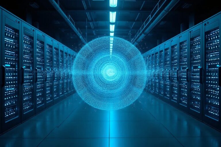 Salle de serveurs futuriste éclairée en bleu avec carte stellaire holographique évoquant un univers en ligne complexe