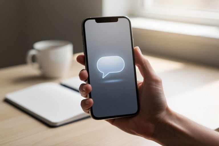 Main tenant un smartphone en mode paysage, bulle de chat lumineuse au-dessus de l’écran, bureau minimaliste avec tasse de café.