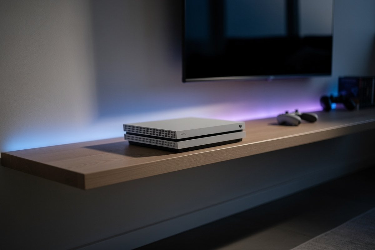 Console de jeu Xbox blanche éteinte posée sur une étagère en bois dans un salon faiblement éclairé.