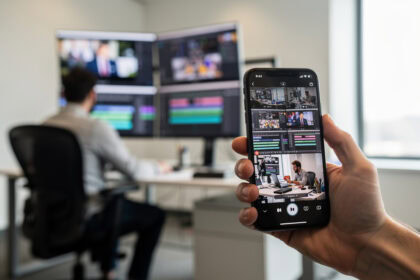Smartphone affichant une courte vidéo verticale au premier plan, écran d'ordinateur diffusant une vidéo en arrière-plan flou, ambiance de salle de rédaction.