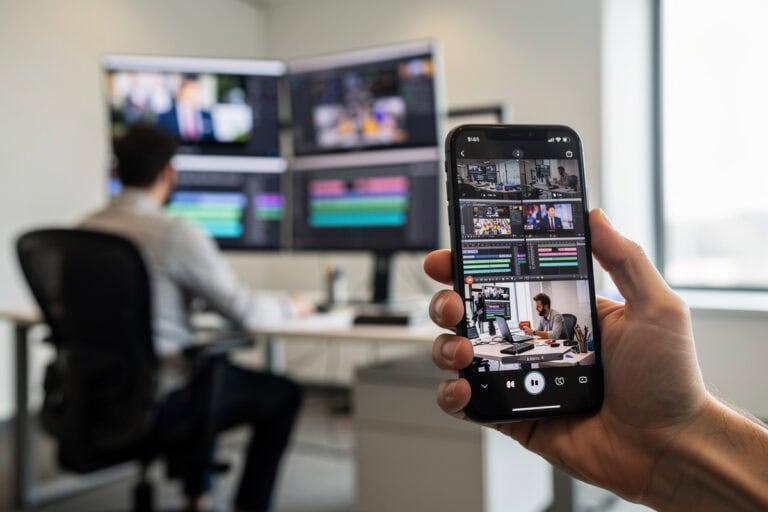 Smartphone affichant une courte vidéo verticale au premier plan, écran d'ordinateur diffusant une vidéo en arrière-plan flou, ambiance de salle de rédaction.