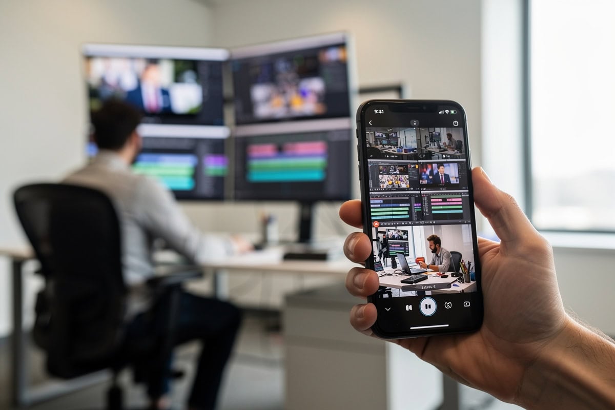 Smartphone affichant une courte vidéo verticale au premier plan, écran d'ordinateur diffusant une vidéo en arrière-plan flou, ambiance de salle de rédaction.