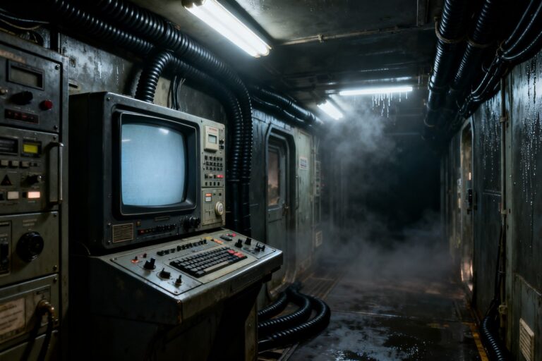 Couloir sombre et exigu d'une station spatiale rétrofuturiste, écrans analogiques et éclairage vacillant.