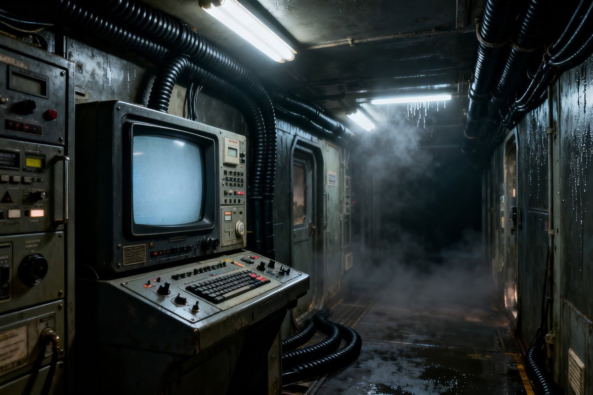 Couloir sombre et exigu d'une station spatiale rétrofuturiste, écrans analogiques et éclairage vacillant.