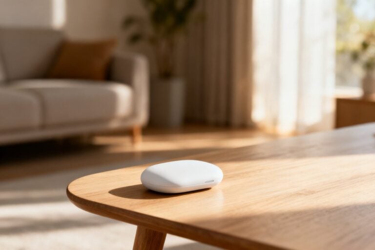 Petit appareil intelligent sans ecran, objet blanc epure pose sur une table en bois dans un interieur lumineux.