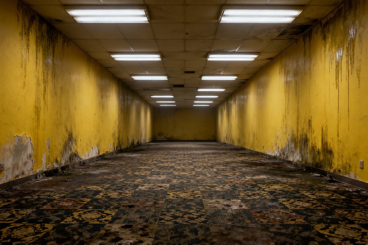 Un couloir de bureaux vides aux murs jaunis, éclairé par des néons, sans présence humaine.