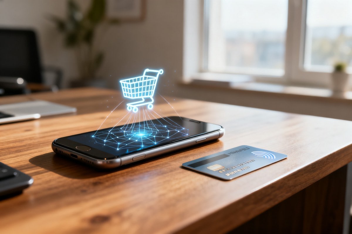Smartphone affichant un panier d'achat relié à un réseau de paiement numérique, carte bancaire à côté.