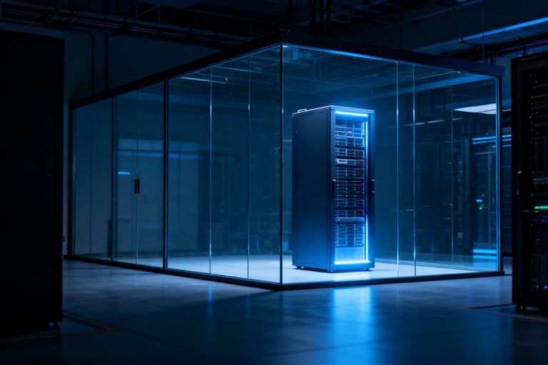 Armoire de serveurs illuminée derrière une cloison vitrée dans un centre de données sombre.