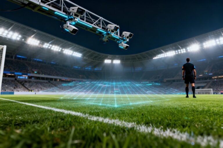 Pelouse d'un stade de football la nuit, surplombée de caméras de tracking et d'un quadrillage de données numériques