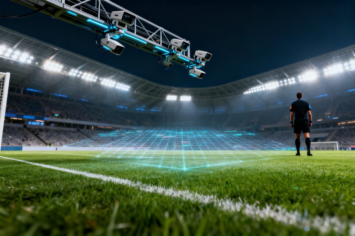 Pelouse d'un stade de football la nuit, surplombée de caméras de tracking et d'un quadrillage de données numériques