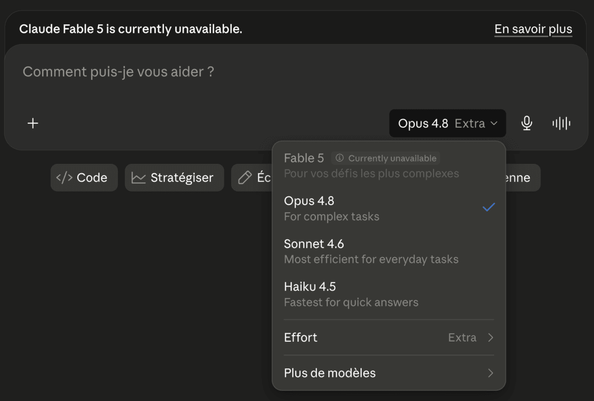 Application Claude affichant le message indiquant que le modèle Fable 5 est actuellement indisponible.