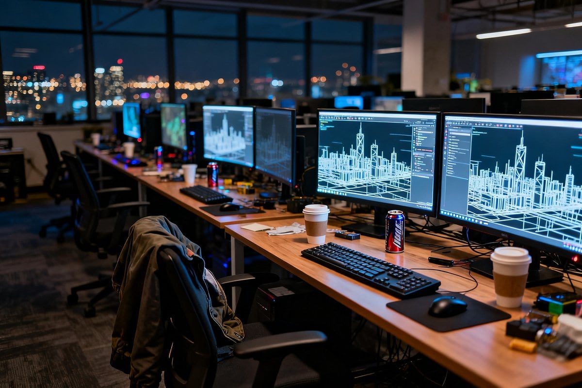 Open space d'un studio de jeu vidéo de nuit, écrans allumés et bureaux encombrés de gobelets