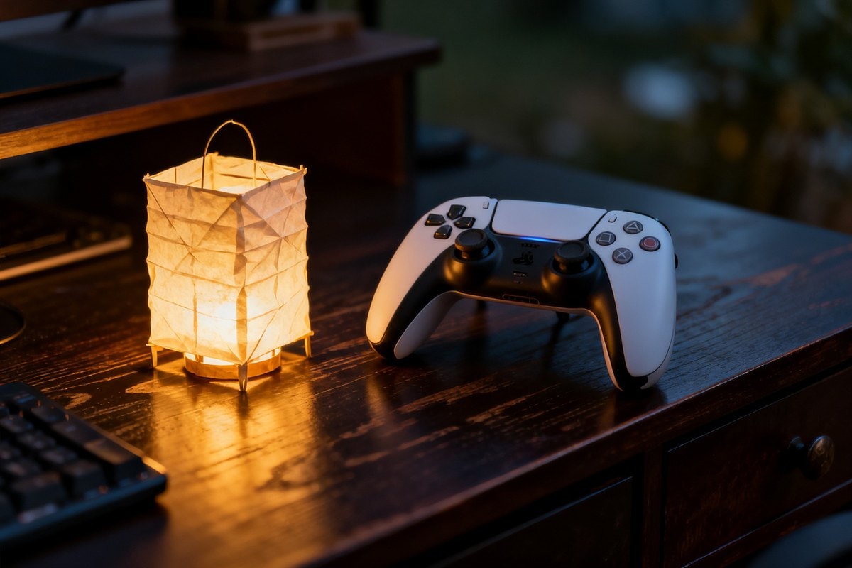Une manette de jeu et une lanterne lumineuse posées sur un bureau sombre, la nuit.
