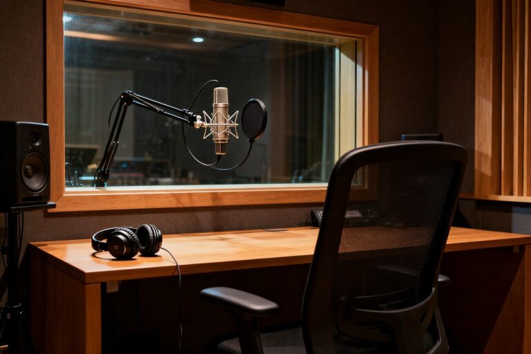 Cabine de doublage vide, micro suspendu et casque posé sur la table dans un studio d'enregistrement