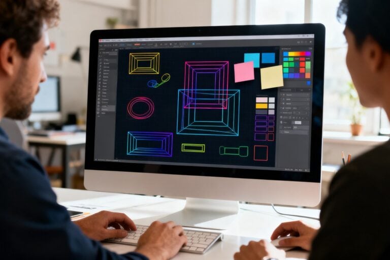 Ecran d'ordinateur affichant une maquette d'interface abstraite aux formes colorees sur un bureau de designer