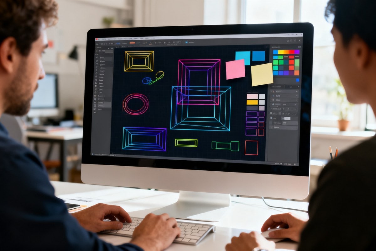 Ecran d'ordinateur affichant une maquette d'interface abstraite aux formes colorees sur un bureau de designer