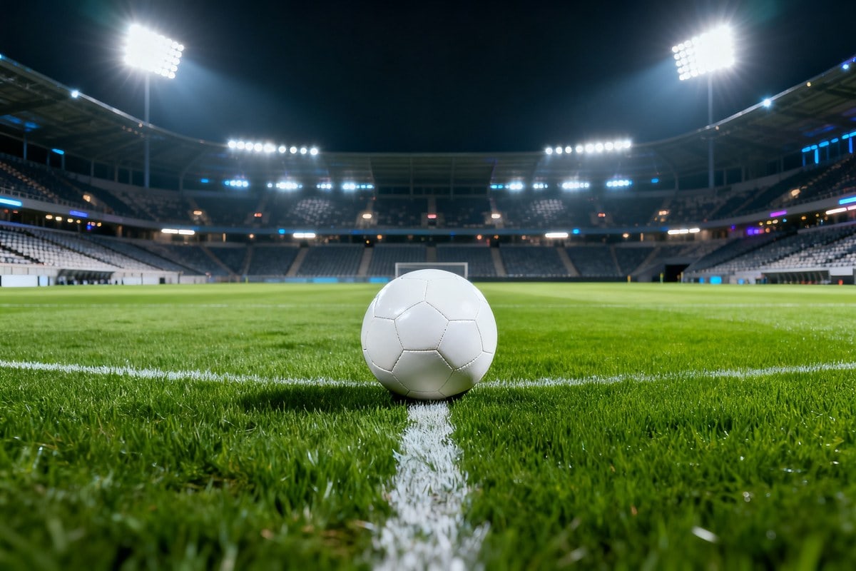 Ballon de football blanc posé au centre d'une pelouse de stade illuminée par les projecteurs la nuit