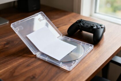 Boîtier de jeu vidéo transparent ouvert avec une carte vierge, posé près d'une manette sur un bureau