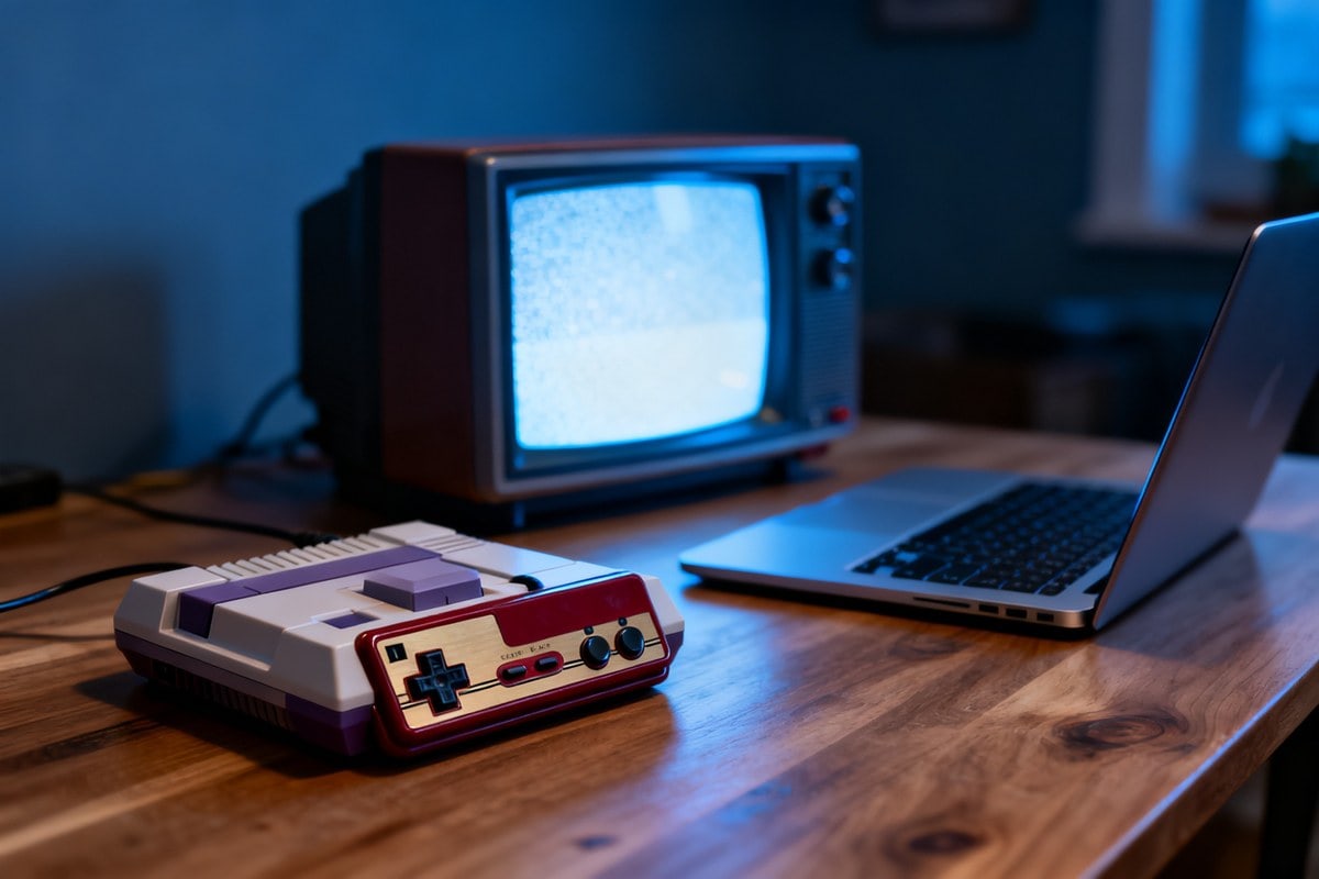 Manette de console rétro et vieux téléviseur allumé dans une pièce sombre, près d'un ordinateur portable.