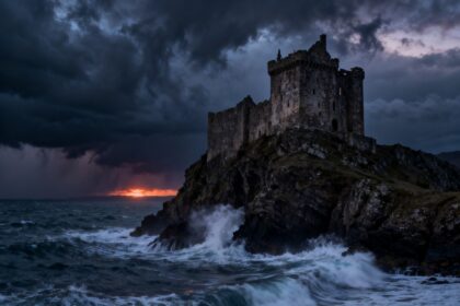 Château de pierre dressé sur une falaise battue par les vagues sous un ciel d'orage au crépuscule