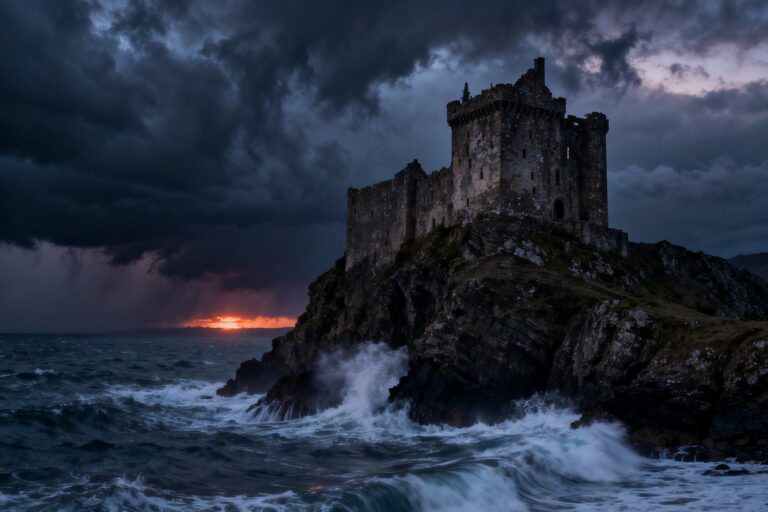 Château de pierre dressé sur une falaise battue par les vagues sous un ciel d'orage au crépuscule