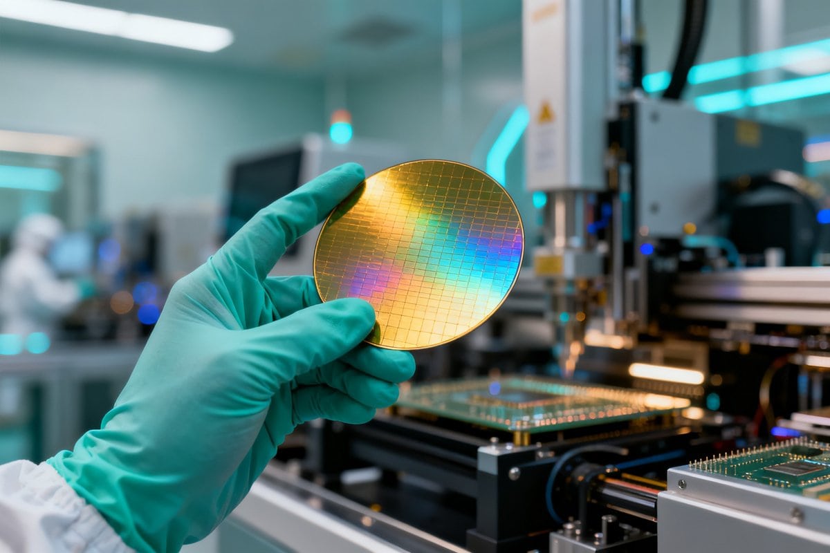 Wafer de silicium irisé tenu par une main gantée dans une salle blanche de fabrication de puces