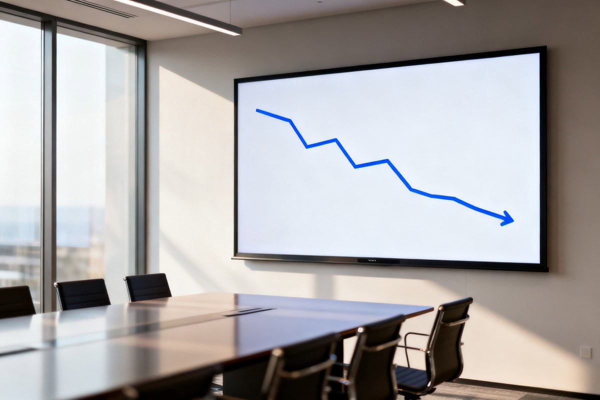 Salle de réunion d'entreprise avec un écran mural affichant une courbe en baisse