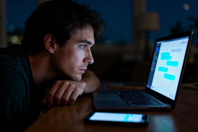 Personne consultant un assistant IA sur un ordinateur portable dans la pénombre