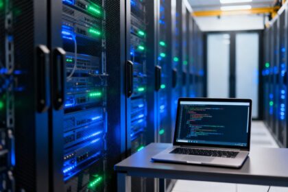 Rangées de serveurs dans un centre de données avec un ordinateur portable affichant un terminal au premier plan
