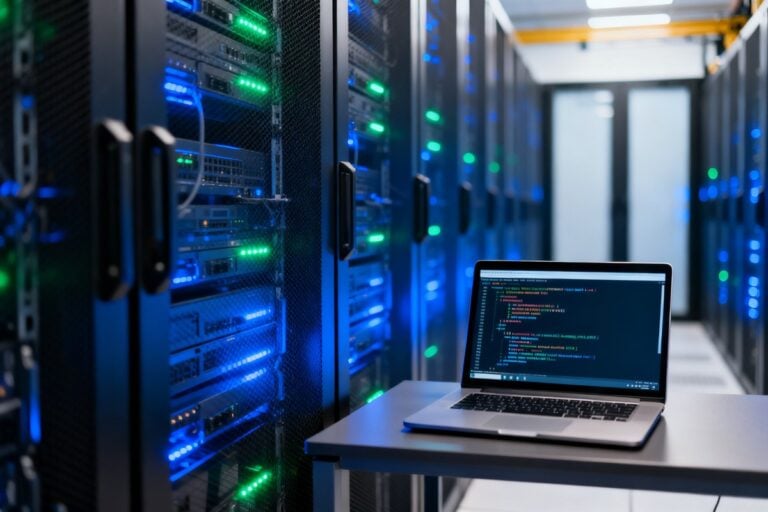 Rangées de serveurs dans un centre de données avec un ordinateur portable affichant un terminal au premier plan