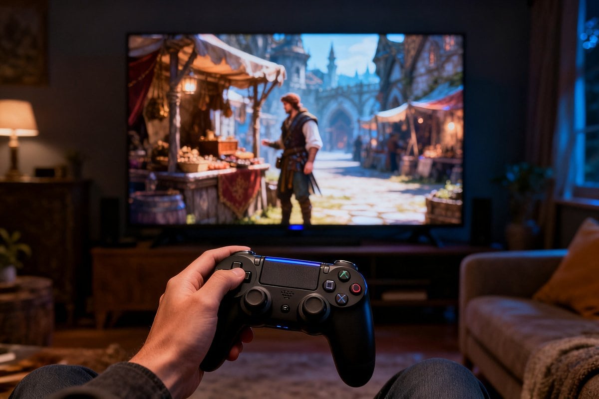 Manette de jeu devant un écran affichant un marchand dans un monde médiéval fantastique